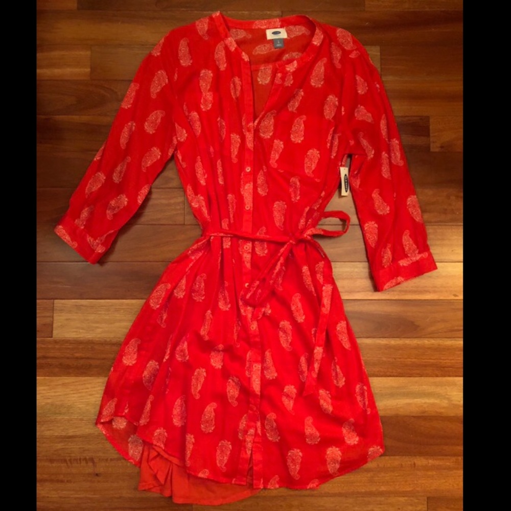 NWT Old Navy Red Paisley 3/4 Dress with Tie (L)